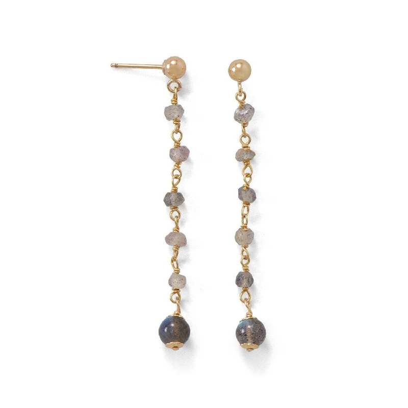 Ladies Earrings Dangle Shine-14k Yellow Gold over Sterling Silver Labradorite Bead Long Post Earrings