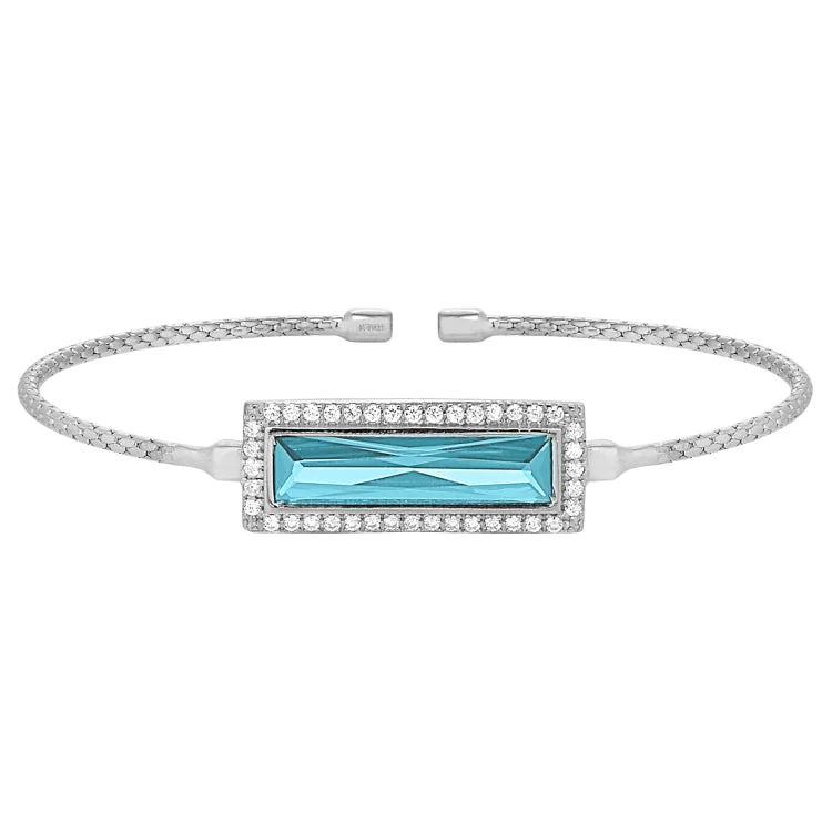 Ladies timeless vintage bracelets -Rhodium Finish Sterling Silver Cable Cuff Bracelet with Rectangular Simulated Aquamarine Stone and Simulated Diamonds