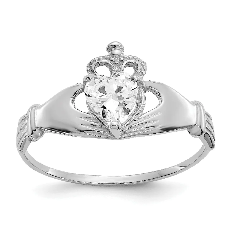 Ladies Rings for Aunt Shine-14k White Gold April Clear CZ Heart Claddagh Ring