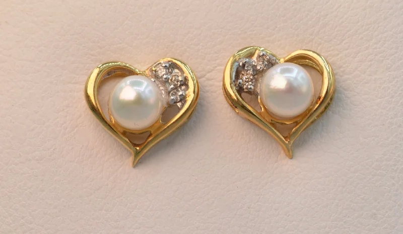 Ladies Earrings with Custom Spark-14K yellow gold cultured pearl and diamond post earrings