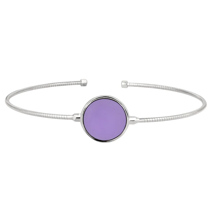 Ladies exotic eastern bracelets -Rhodium Finish Sterling Silver Rounded Omega Cable Cuff Bracelet with a Round Purple Murano Stone