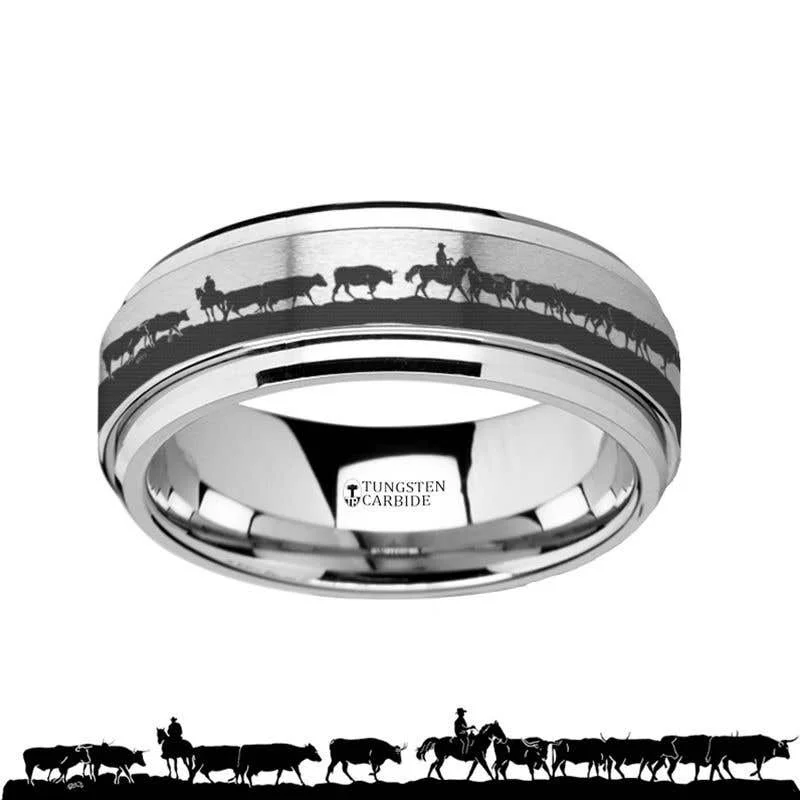 Ladies Rings with Olive Peridot-Thorsten Spinning Engraved Herding Cattle Tungsten Carbide Band Spinner Ring