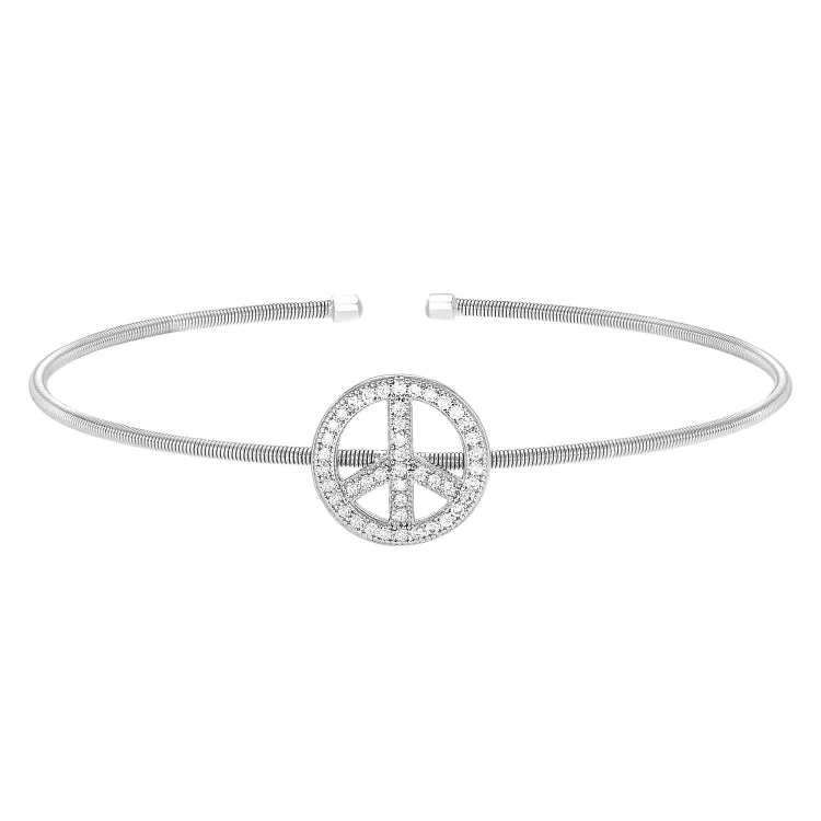 Ladies lunar whisper bracelets -Rhodium Finish Sterling Silver Cable Cuff Peace Sign Bracelet with Simulated Diamonds