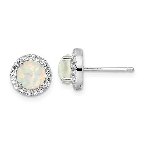 Ladies Earrings Crafted Glow-Sterling Silver Round White Created Opal And CZ Halo Post Earrings