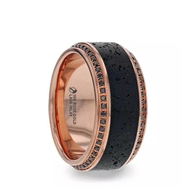 Ladies Engagement Rings with Danburite Spark-Thorsten HYPERIA Lava Inlaid 10K Rose Gold Wedding Ring Polished Beveled Edges Set with Round Black Diamonds - 10mm