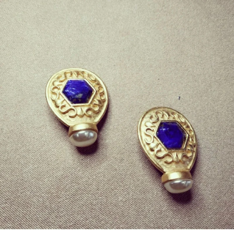 Ladies Earrings with Feather Spark-Lapis pearl Earrings by Rima Ariss Green Clip On Gold