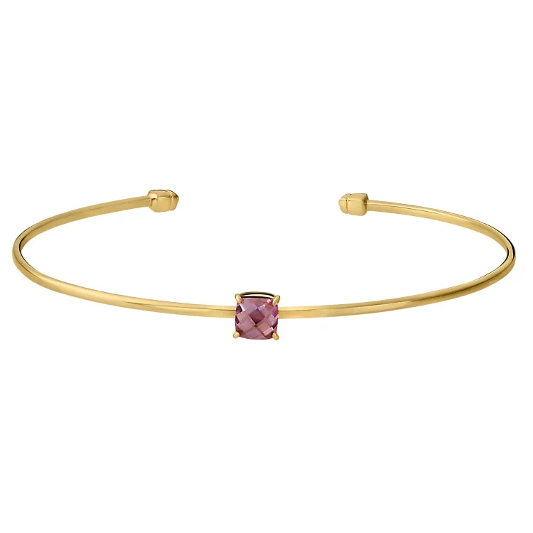 Ladies zirconia brilliance bracelets -Gold Finish Sterling Silver Pliable Cuff Bracelet with Faceted Cushion Cut Simulated Pink Sapphire Birth Gem - October