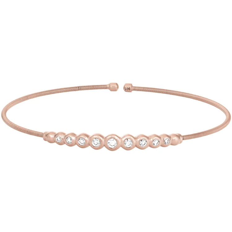 Ladies asymmetrical flair bracelets -Rose Gold Finish Sterling Silver Cable Cuff Bracelet with Graduated Simulated Diamonds