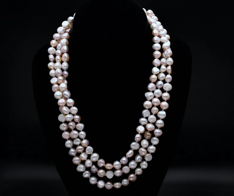 Circular gleam necklaces -Single Strand Rope Necklace of Semi-Baroque Variety Colors Cultured Pearls - 63"