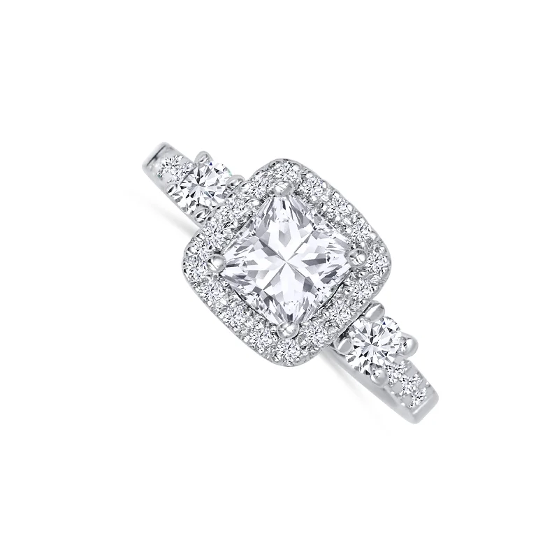 Ladies Engagement Rings Princess Spark-14K White Gold Princess-Cut Diamond Halo Engagement Ring 1.00 carat Center Diamond 0.47 carat diamond accents