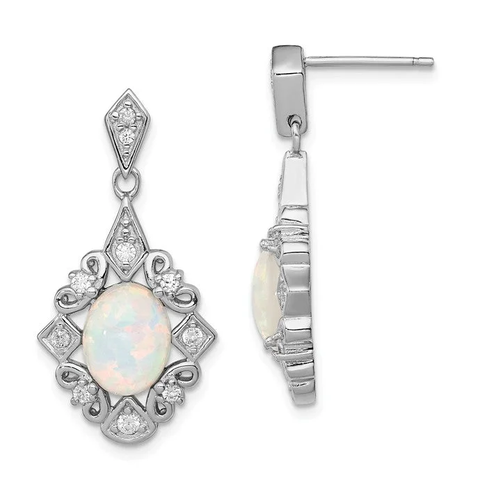 Ladies Earrings with Diamond Shine-Sterling Silver Created Opal Oval And CZ Dangle Post Earrings