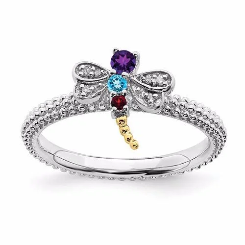 Ladies Rings Crafted Shine-Sterling Silver & 14k Gold Stackable Expressions Gemstone Diamond Dragonfly Ring