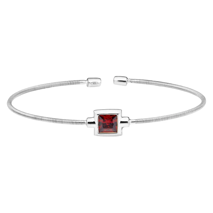 Ladies bespoke custom bracelets -Rhodium Finish Sterling Silver Cable Cuff Bracelet with Princess Cut Simulated Garnet Birth Gem