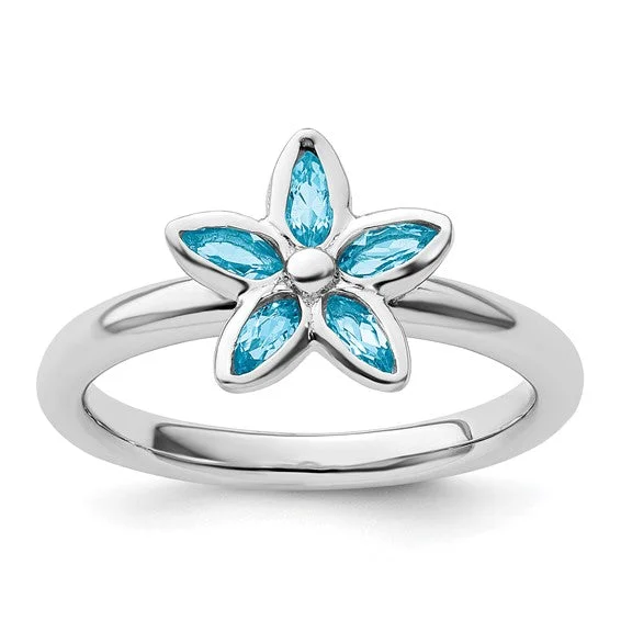 Ladies Rings with Coral Kornerupine-Sterling Silver Stackable Expressions Blue Topaz Flower Ring