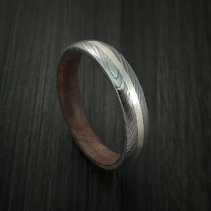 Ladies Rings for Work Spark-Damascus Steel Ring with Silver Inlay and Hardwood Sleeve