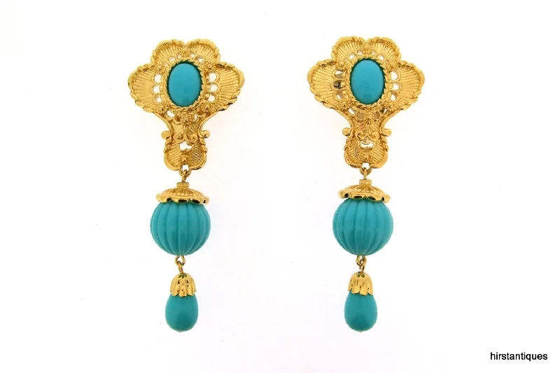 Ladies Earrings with Blue Sapphire-Vntage Turquoise Earrings by Barrera for Avon Clip On