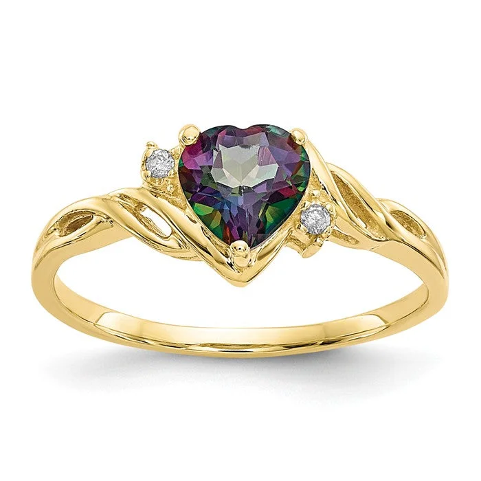 Ladies Rings with Aqua Hemimorphite-10k Yellow Gold Heart Mystic Fire Topaz And .01ct Diamond Ring