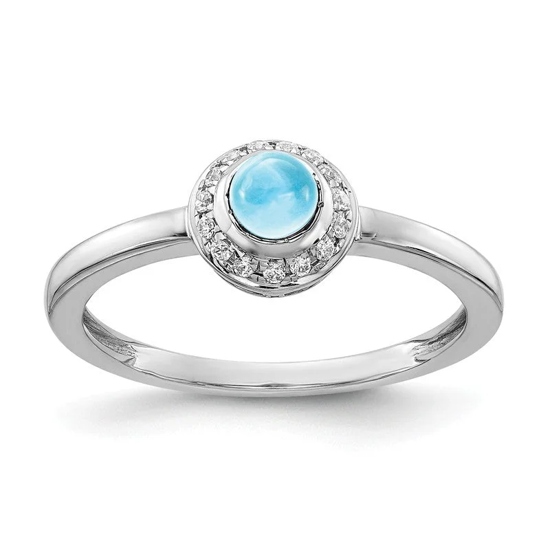 Ladies Rings with Purple Charoite-14k White Gold Diamond Halo And Round Swiss Blue Topaz Cabochon Ring