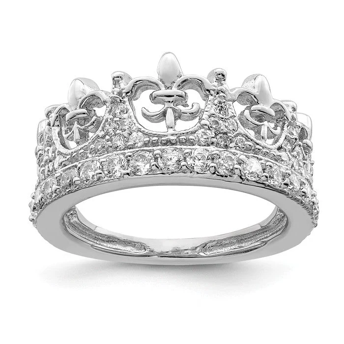 Ladies Rings with Red Pyroxmangite-Sterling Silver Fleur-de-lis Crown CZ Ring