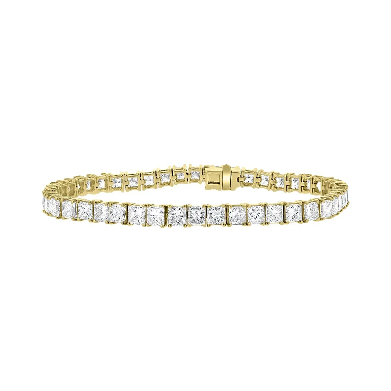 Ladies soft rose gold bracelets -18KT YELLOW GOLD 13.12 CARAT PRINCESS DIAMOND PRONG TENNIS BRACELET