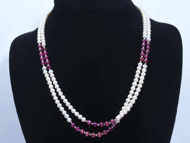 Airy titanium necklaces -Ruby and Pearl Double Strand Necklace