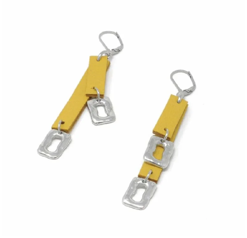 Ladies Earrings with Purple Stichtite-Sobo Double Yellow Leather and Small Ring Feature Earrings