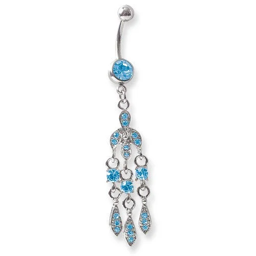 Ladies Rings for Summer Spark-Surgical Stainless Steel Curved Belly Button Ring - Fancy Dangle Blue Crystal