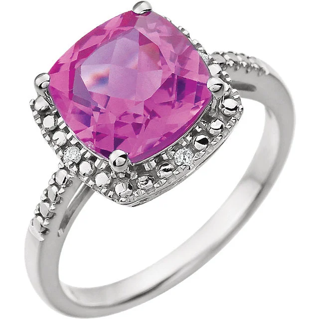 Ladies Rings for Niece Spark-14k White Gold 9mm Cushion Cut Created Pink Sapphire & Diamond Halo-Style Ring