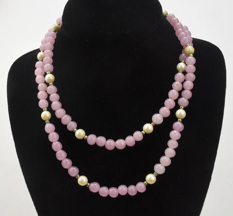 Tiny sparkle necklaces -Pink Glass, Faux Pearl and Brass Bead Necklace - 36"