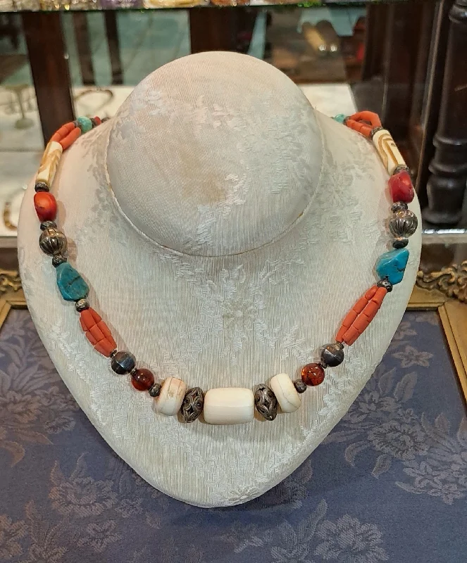 Joyful gleam necklaces -Necklace with Bone Stones amber corals turquoise stones and sterling silver