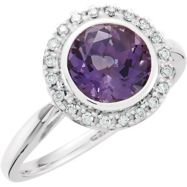 Ladies Rings with Golden Amber-14K White Gold Round Amethyst & 1/8 CTW Diamond Halo Ring