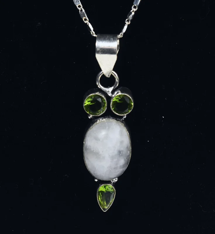 Vivid bead necklaces -Blue Flash Moonstone and Peridot Sterling Silver Pendant on Sterling Silver Chain Necklace