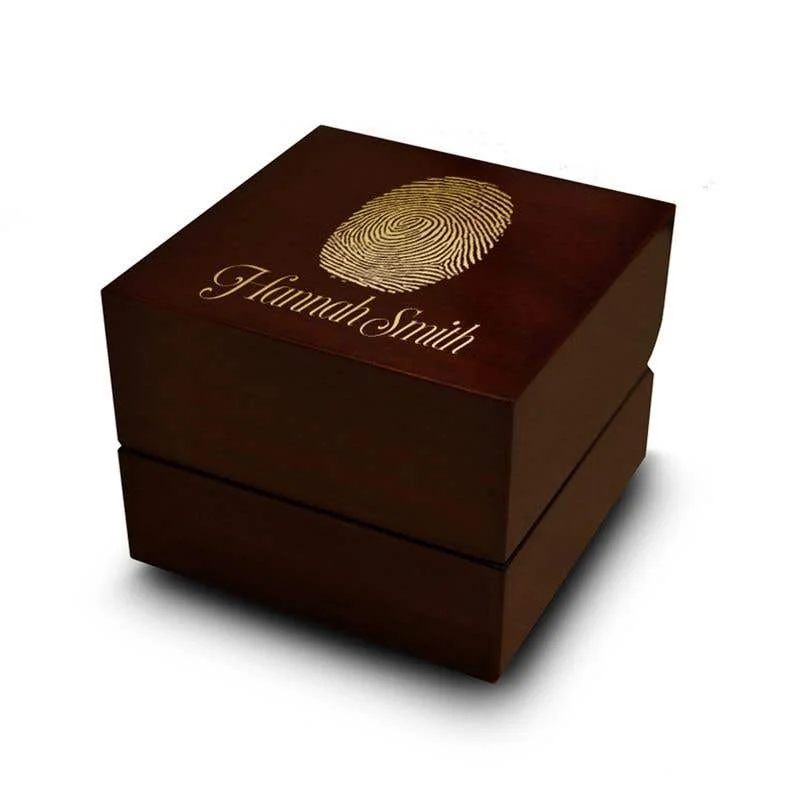 Ladies Engagement Rings Artisan Glow-Fingerprint Engraved Wood Ring Box Chocolate Dark Wood Personalized Wooden Wedding Ring Box