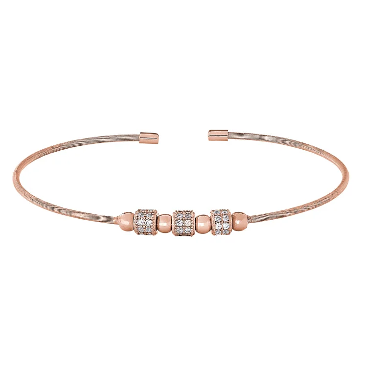 Ladies forest hush bracelets -Rose Gold Finish Sterling Silver Cable Cuff Bracelet with Three Spinning Simulated Diamond Beads