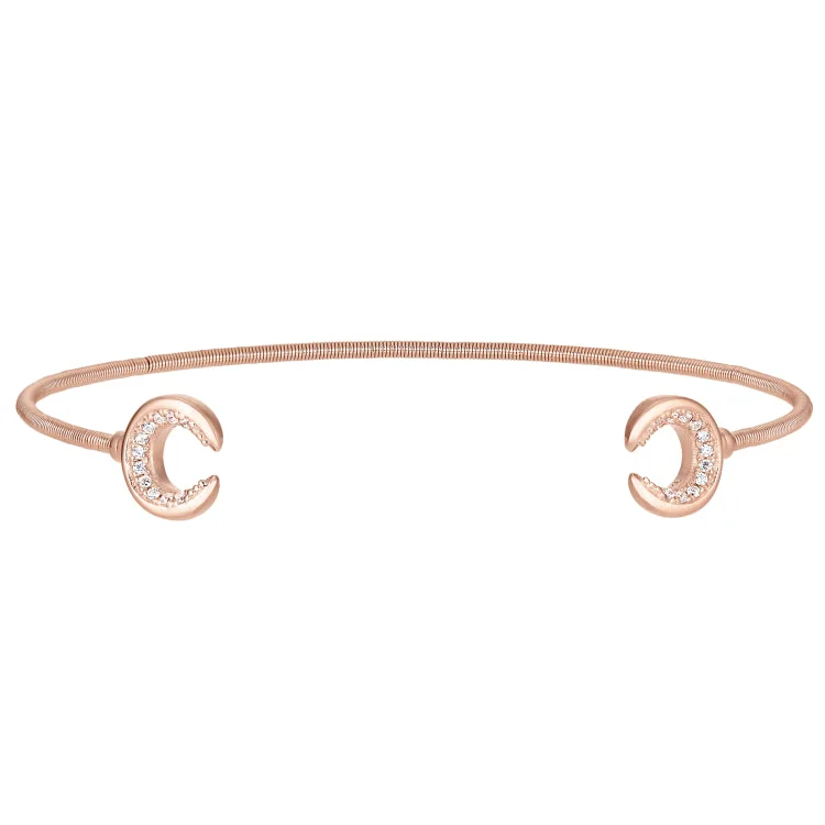 Ladies chakra alignment bracelets -Rose Gold Finish Sterling Silver Cable Cuff Bracelet with Simulated Diamond Upside Down Crescent Moons