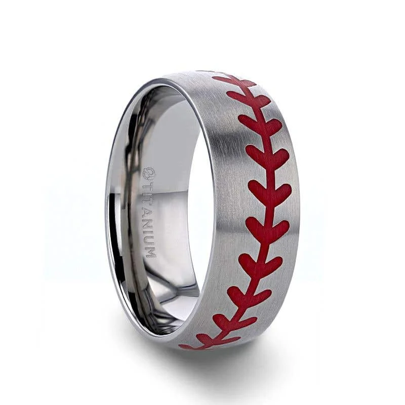 Ladies Rings with Clear Natrolite-Thorsten DIMAGGIO Titanium Brushed Finish Ring with Red Baseball Stitching Pattern - 8mm