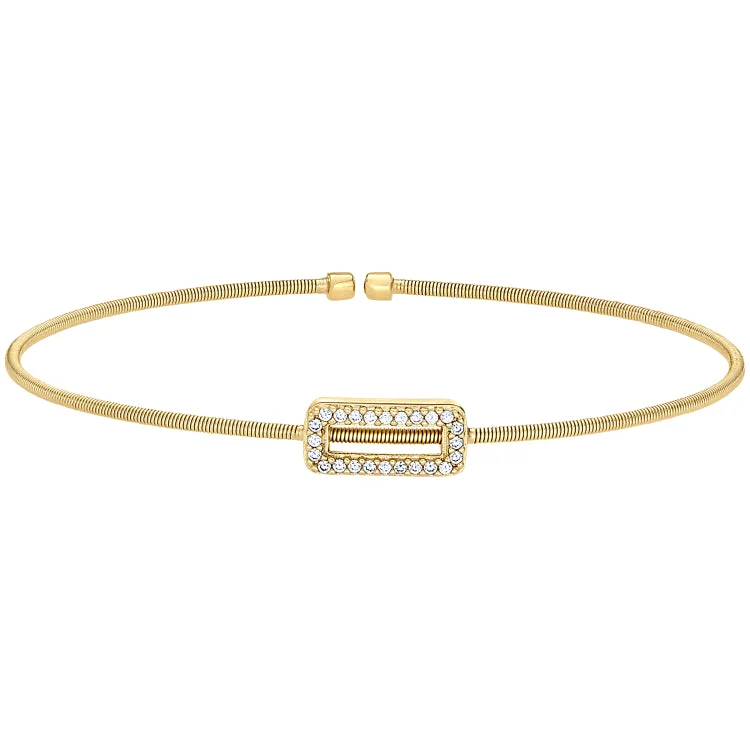 Ladies slim silhouette bracelets -Gold Finish Sterling Silver Cable Cuff Bracelet with Simulated Diamond Open Rectangle