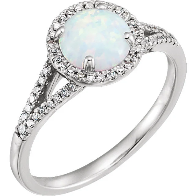 Ladies Rings with Square Spark-14k White Gold Round Gemstone & 1/5 CTW Diamond Halo Ring