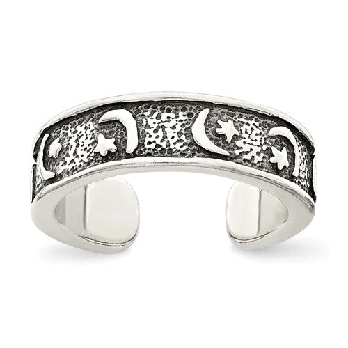 Ladies Rings for Gala Glow-Sterling Silver Antiqued Moon & Star Toe Ring