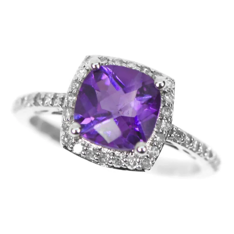 Ladies Rings in Warm Gold-14k White Gold Cushion Amethyst and Diamond Halo Ring