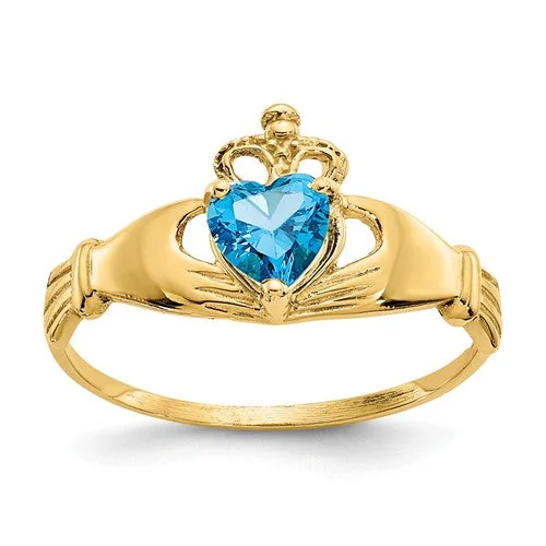 Ladies Rings Bold Spark-14k Yellow Gold Blue Heart Polished Claddagh Ring