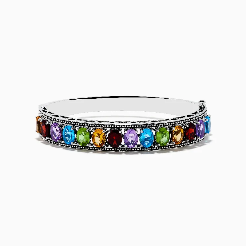 Ladies rustic leather bracelets -Mosaic 925 Sterling Silver Multi Color Gemstone Bangle