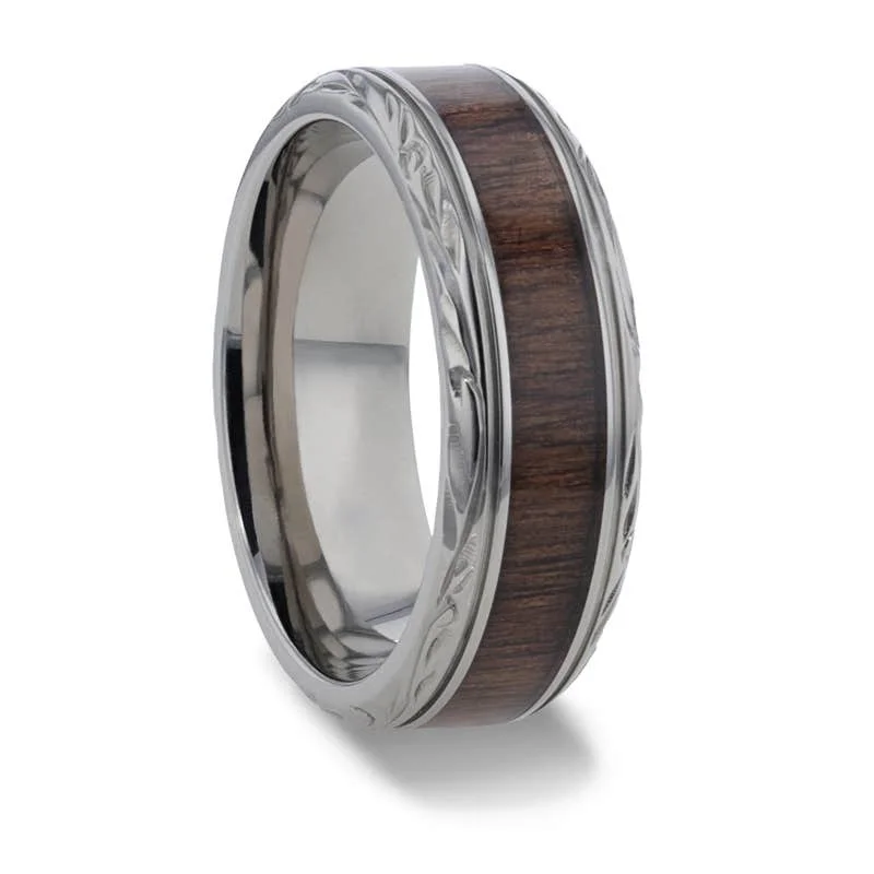 Ladies Engagement Rings Dual Glow-Thorsten ROSENTRA Rosewood Inlay with Detailed Beveled Edges Titanium Polished Wedding Ring - 8mm