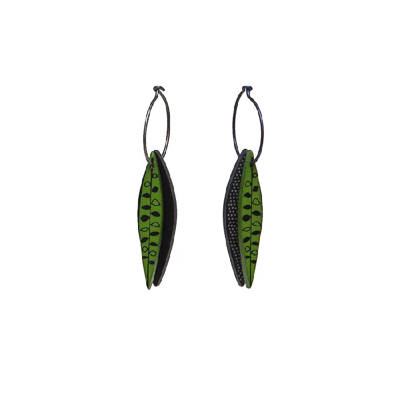 Ladies Earrings with Spiral Glow-Lene Lundberg Black/Green Veined Leaf Earrings