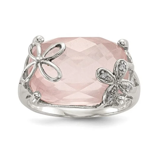 Ladies Rings Sterling Glow-Sterling Silver Rose Quartz and White Sapphire Floral Ring