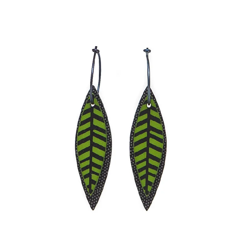 Ladies Earrings with Yellow Xenotime-Lene Lundberg Black/Green Veined Leaf Earrings