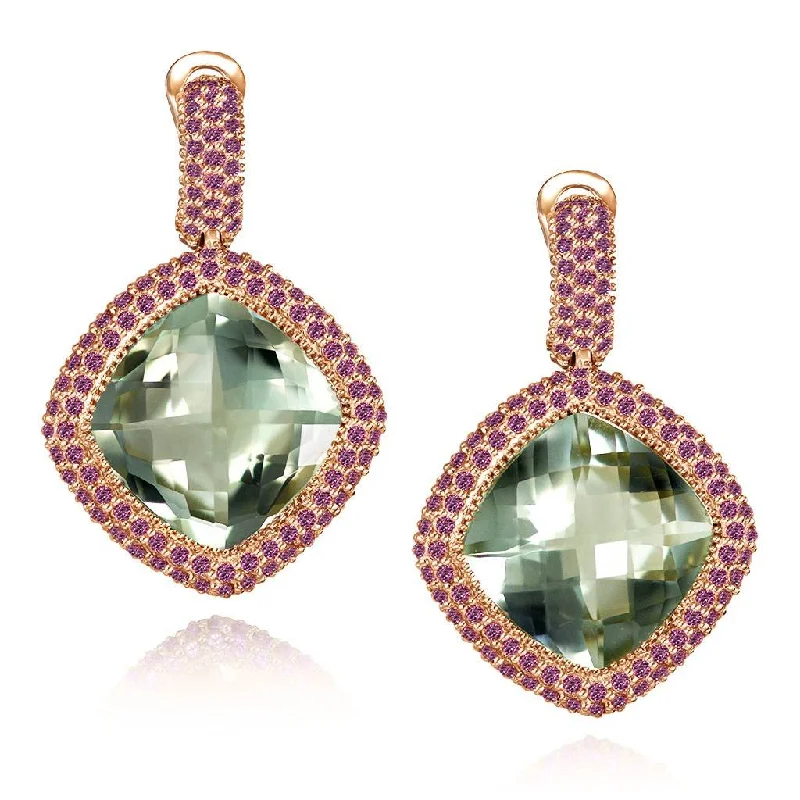 Ladies Earrings Open Spark-Rose Gold Royal Earrings with Green Amethyst & Garnet