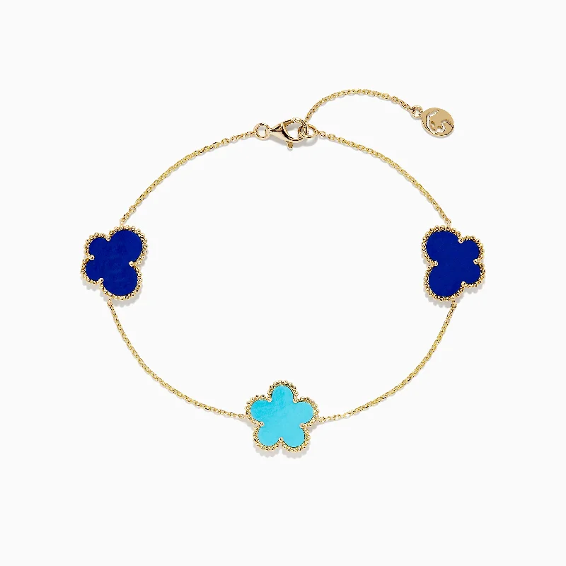 Ladies zirconia brilliance bracelets -Novelty 14K Gold Turquoise & Lapis Floral Butterfly Bracelet