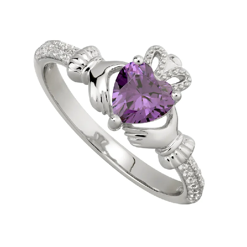 Ladies Rings with Arrow Shine-February Birthstone Claddagh Ring