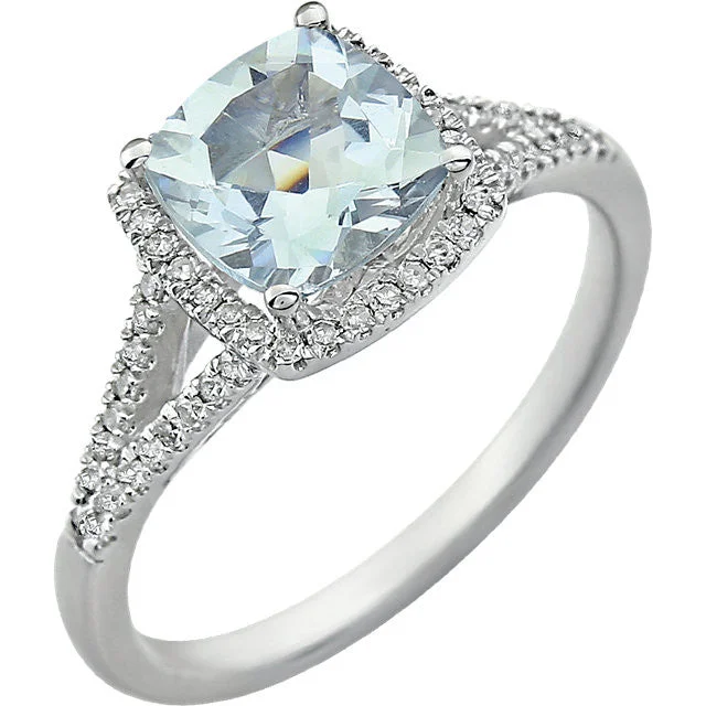 Ladies Rings with Olive Peridot-14K White Gold 7mm Cushion Cut Aquamarine & Diamond Halo Ring